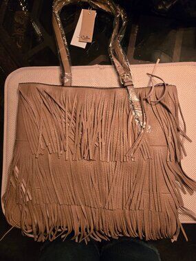 Calin vegan tan fringed purse with shoulder strap, new from spring market